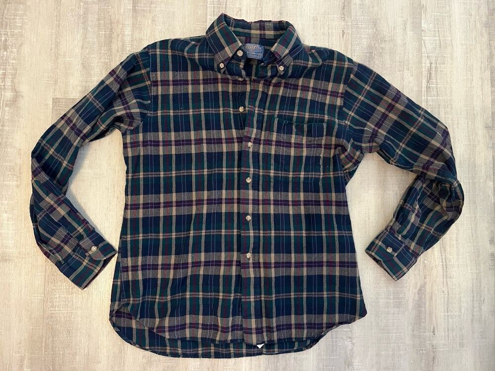 VTG 60s-70s Pendleton Wool Shirt Plaid Green Blue Purple Cream USA Button Up L